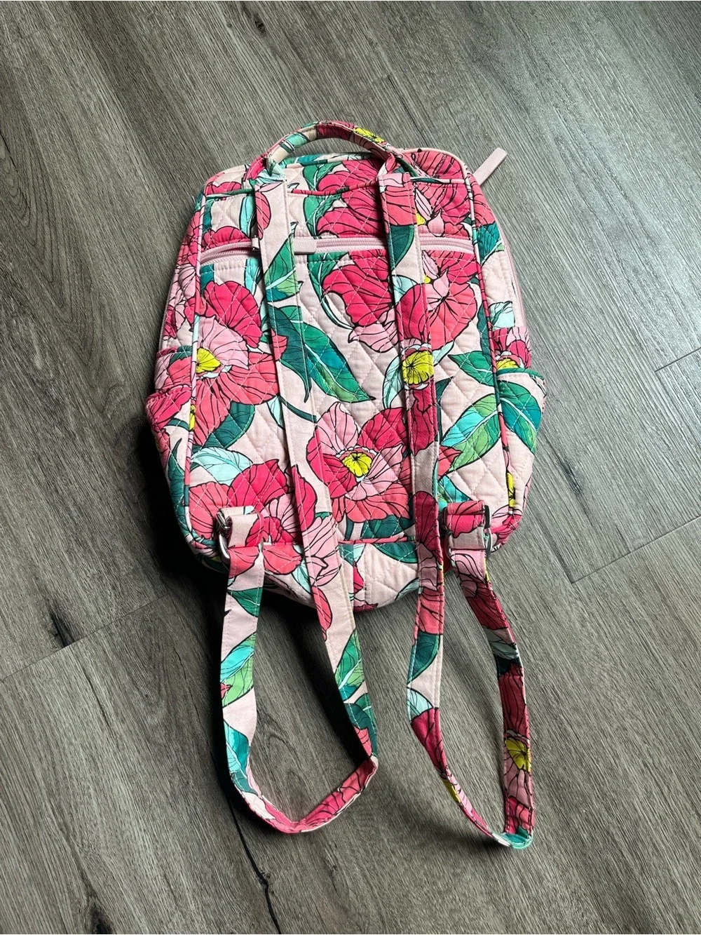 Vera Bradley Pink Floral Quilted Backpack with Green Leaves - Picture 2 of 6